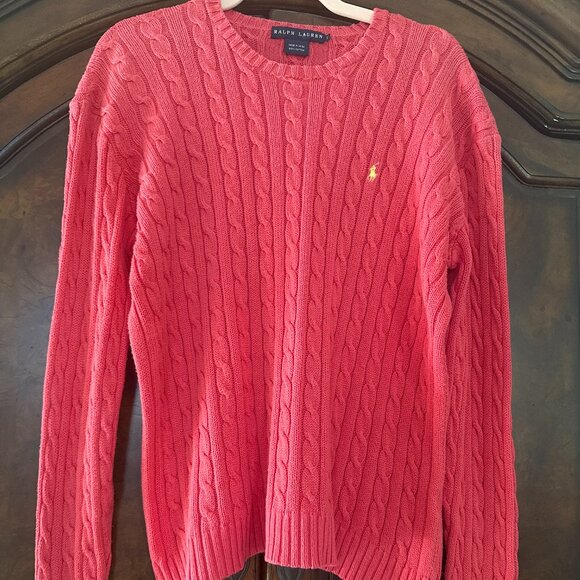 Ralph Lauren Womens CableKnit Crewneck Sweater PinkCoral Cotton Classic Pony L - Picture 1 of 9